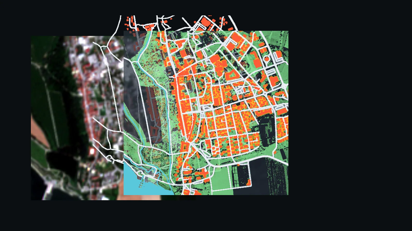 Exploded stack: the aligned satellite frame, OSM road and building layers, and the S structure map