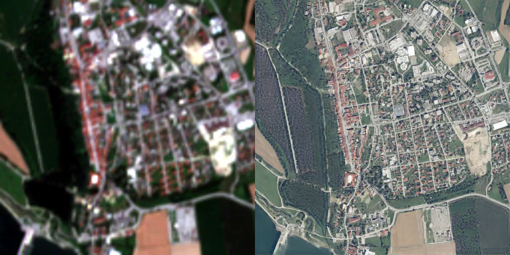 Side-by-side: Sentinel-2 input at 10 m (left) and the generated 2.5 m output (right) of Brežice, Slovenia