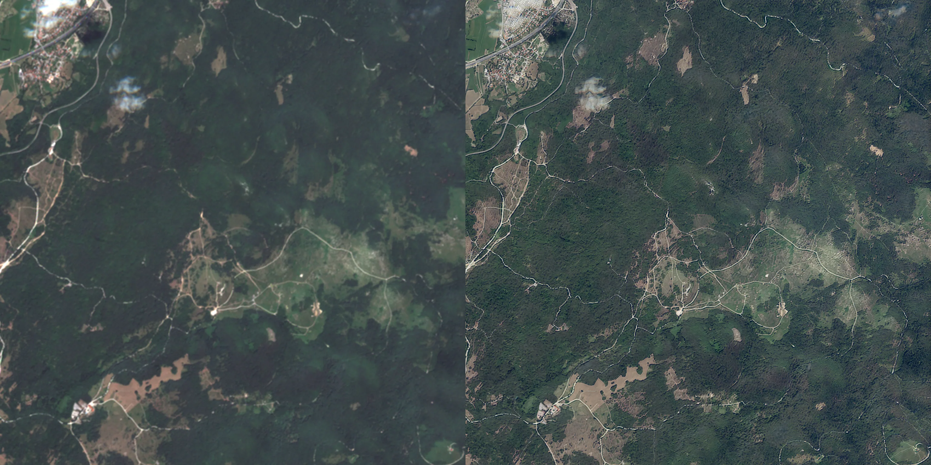 Side-by-side: Sentinel-2 input at 10 m (left) and the generated 2.5 m output (right) of the Poček area, Slovenia