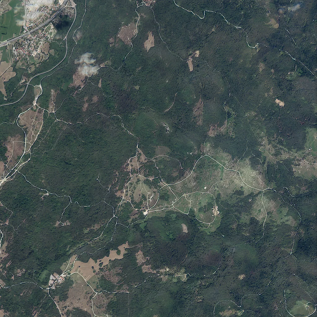 Generated 2.5 meters-per-pixel output of the same Poček area, assembled from tiles