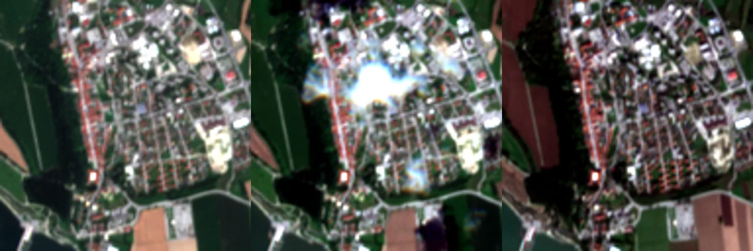Three Sentinel-2 revisits of Brežice — January, July and September 2024 — shown as a filmstrip